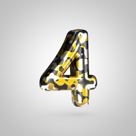 Camouflage number 4. 3D render font with golden, silver and black camouflage pattern isolated on white background.の写真素材