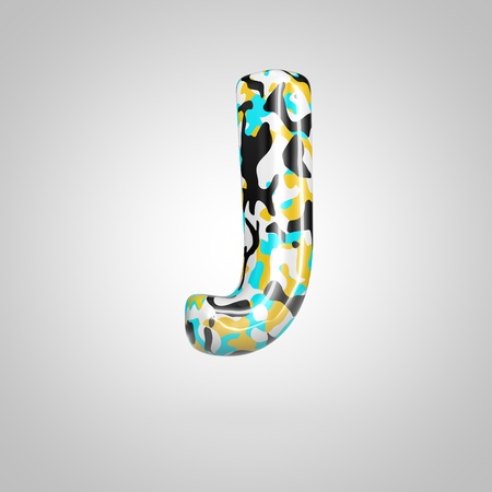 Camouflage letter J uppercase. 3D render font with cyan, black and yellow camouflage pattern isolated on white background.の写真素材