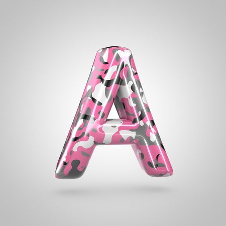 Camouflage letter A uppercase. 3D render font with pink, grey, black and white camouflage pattern isolated on white background.の写真素材