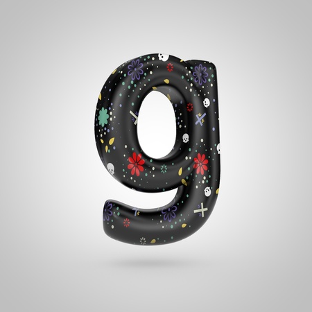 Santa Muerte letter G lowercase. 3D rendering of black font with flower, skull and cross pattern isolated on white background.の写真素材