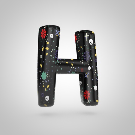 Santa Muerte letter H uppercase. 3D rendering of black font with flower, skull and cross pattern isolated on white background.の写真素材