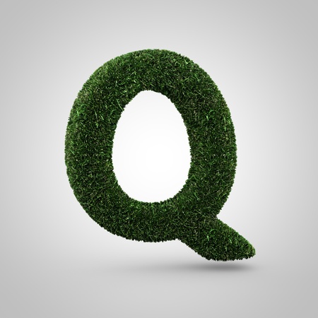 Grass letter Q uppercase. 3D render font with the green lawn texture. Eco symbol isolated on white background.の写真素材