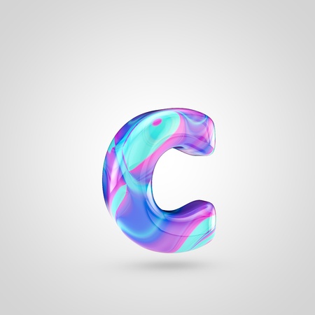 Glossy holographic letter C lowercase. 3D rendering font with violet, blue and pink color isolated on white background.の写真素材