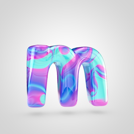Glossy holographic letter M lowercase. 3D rendering font with violet, blue and pink color isolated on white background.の写真素材