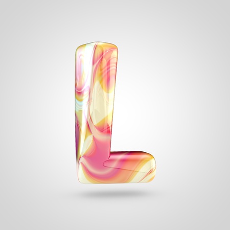 Glossy holographic letter L uppercase. 3D rendering font with orange, red and yellow color isolated on white background.の写真素材