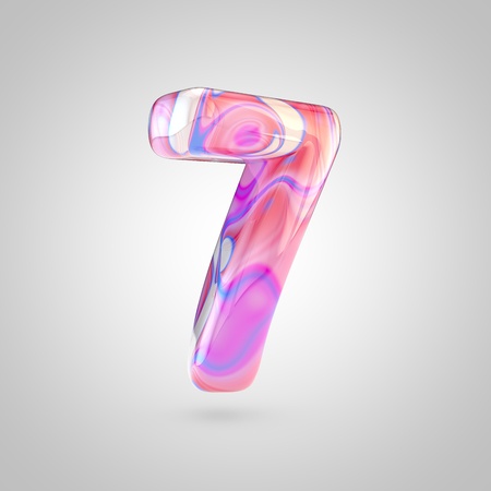 Glossy holographic number 7. 3D rendering font with pink, blue and beige color isolated on white background.の写真素材
