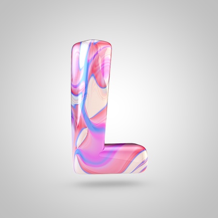 Glossy holographic letter L uppercase. 3D rendering font with pink, blue and beige color isolated on white background.の写真素材