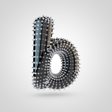 BDSM letter B lowercase. 3D rendering black latex font with chrome spikes isolated on white background.の写真素材