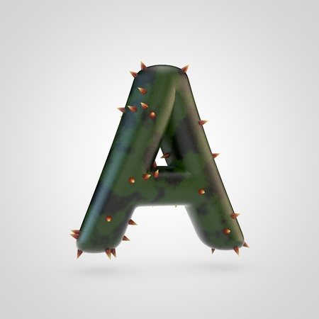 Plant letter A uppercase. 3D rendering of green plant font with spikes isolated on white background.の写真素材