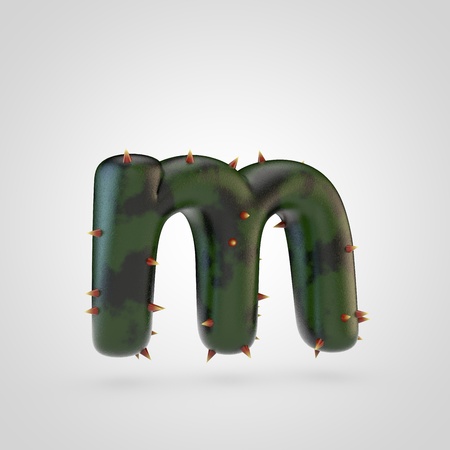 Plant letter M lowercase. 3D rendering of green plant font with spikes isolated on white background.の写真素材