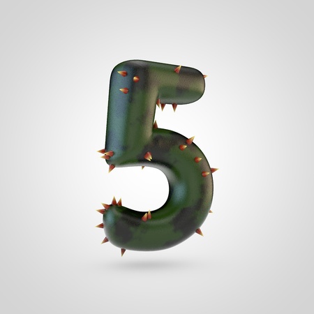Plant number 5. 3D rendering of green plant font with spikes isolated on white background.の写真素材