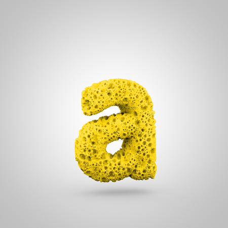Sponge letter A lowercase. 3D rendering of yellow sponge font isolated on white background.の写真素材