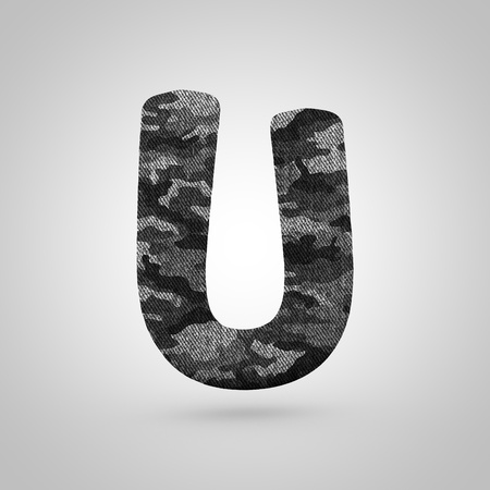 Camouflage letter U uppercase. 3D render font with camouflage texture isolated on white background.の写真素材