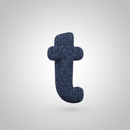 Jeans letter T lowercase. 3D render font with blue denim texture isolated on white background.の写真素材