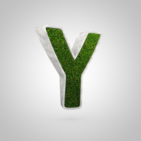 Grass letter Y uppercase. 3D render flowerbed shaped font with green grass isolated on white background.の写真素材