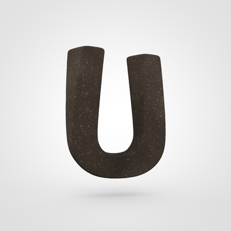 Soil letter U uppercase. 3D render brown soil font isolated on white background.の写真素材