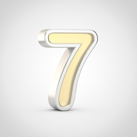Gloosy letter number 7. 3D render gold font with silver outline isolated on white background.の写真素材