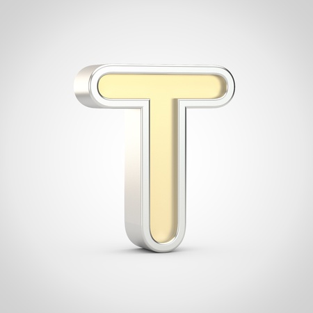 Gloosy letter T uppercase. 3D render gold font with silver outline isolated on white background.の写真素材