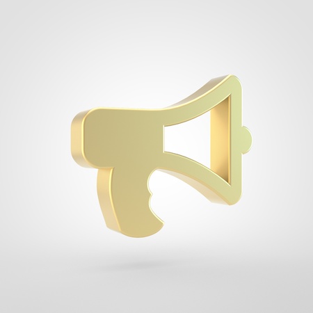 Bullhorn icon. 3d render of golden bullhorn symbol isolated on white background.の写真素材