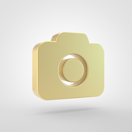 Camera icon. 3d render of golden camera symbol isolated on white background.の写真素材