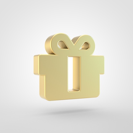 Gift icon. 3d render of golden gift symbol isolated on white background.の写真素材