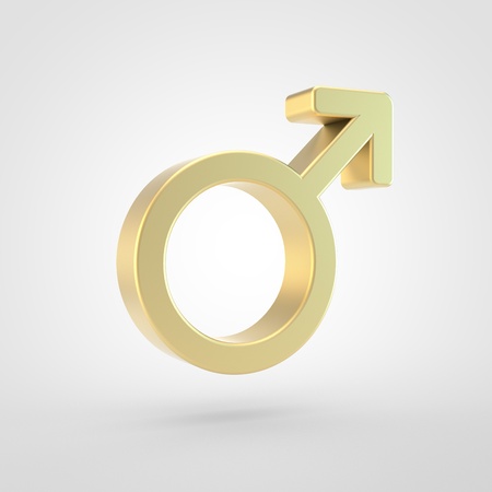 Mars icon. 3d render of golden mars symbol isolated on white background.の写真素材