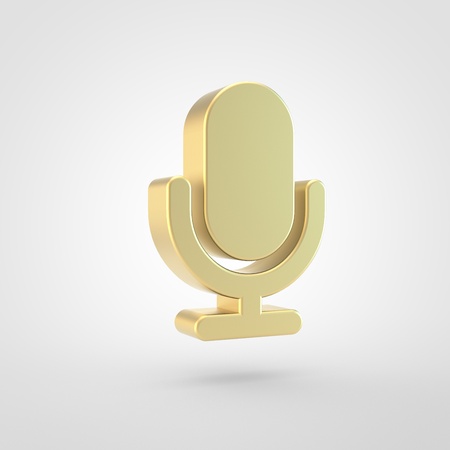 Microphone icon. 3d render of golden microphone symbol isolated on white background.の写真素材