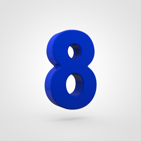Plastic number 8. 3D render blue plastic font isolated on white background.