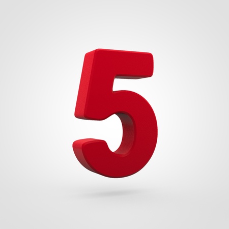 Plastic number 5. 3D render red plastic font isolated on white background.の写真素材