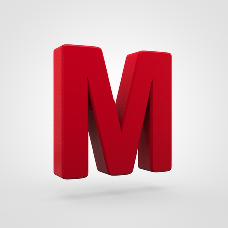 Plastic letter M uppercase. 3D render red plastic font isolated on white background.の写真素材