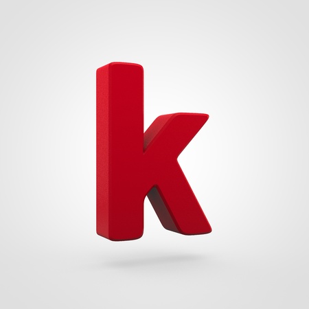 Plastic letter K lowercase. 3D render red plastic font isolated on white background.の写真素材
