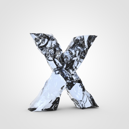 Ice letter X uppercase. 3D render cracked ice font isolated on white background.の写真素材