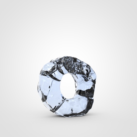 Ice letter O lowercase. 3D render cracked ice font isolated on white background.の写真素材