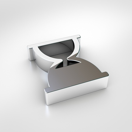 Hourglass end icon. 3d render of chrome hourglass end symbol isolated on white background.の写真素材