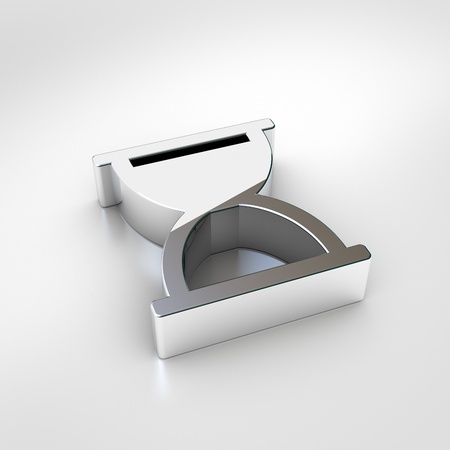 Hourglass start icon. 3d render of chrome hourglass start symbol isolated on white background.