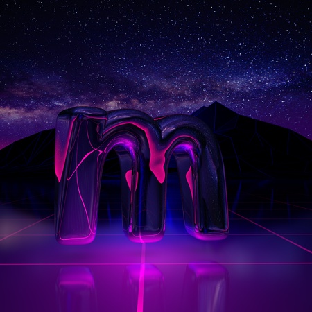 Letter M lowercase. 3D render font on retro background futuristic landscape 1980s style. Digital...