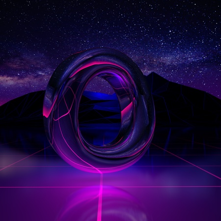 Letter O uppercase. 3D render font on retro background futuristic landscape 1980s style. Digital...