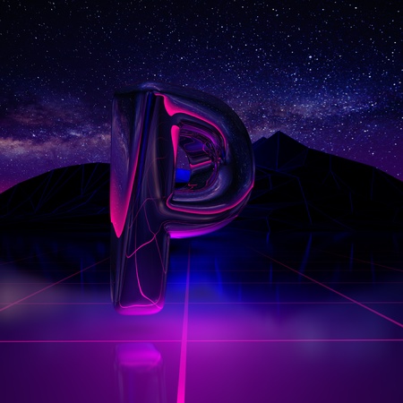 Letter P uppercase. 3D render font on retro background futuristic landscape 1980s style. Digital...