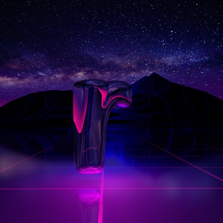 Letter R lowercase. 3D render font on retro background futuristic landscape 1980s style. Digital...