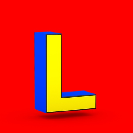 Superhero letter L uppercase. 3D render of stylized retro blue and yellow font isolated on red background.の写真素材