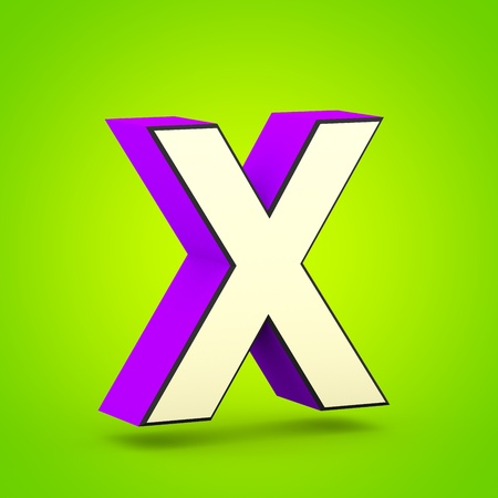 Superhero letter X uppercase. 3D render of stylized retro violet and beige font isolated on lime...