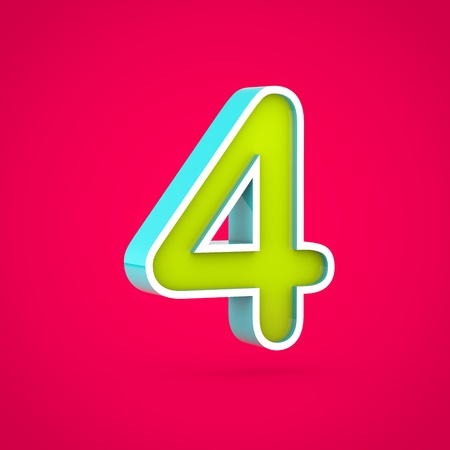 Juicy number 4. 3D render of colorful lime and blue font isolated on hot pink background.の写真素材