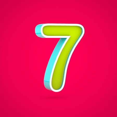 Juicy number 7. 3D render of colorful lime and blue font isolated on hot pink background.の写真素材