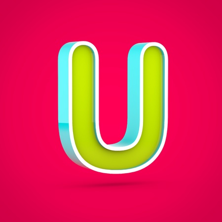 Juicy letter U uppercase. 3D render of colorful lime and blue font isolated on hot pink background.の写真素材