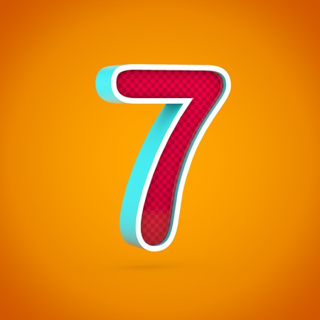 Red number 7. 3D render red font with carbon fiber texture isolated on hot orange background.