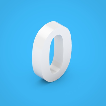 White number 0. 3D render white glossy isometric font isolated on blue background.