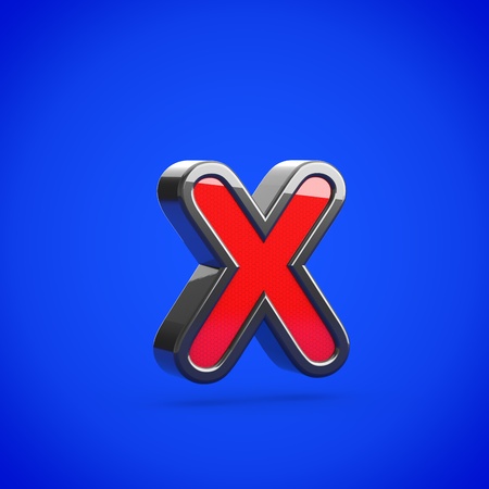 Superhero letter X lowercase. 3D render of stylized retro red and black glossy font isolated on blue...