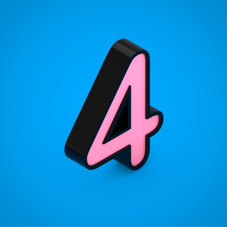 Black number 4 with pink neon light. 3D render isometric font isolated on blue background.