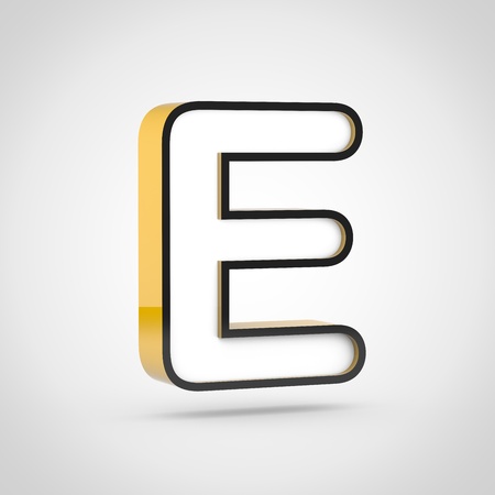 Golden letter E uppercase with white face and black outline. 3D render font isolated on white background.の写真素材