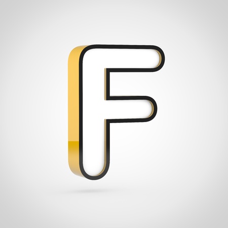 Golden letter F uppercase with white face and black outline. 3D render font isolated on white background.の写真素材